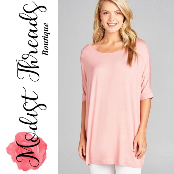 Pink Elbow Sleeve Round Neck Jersey Tunic Top - Picture 1 of 3